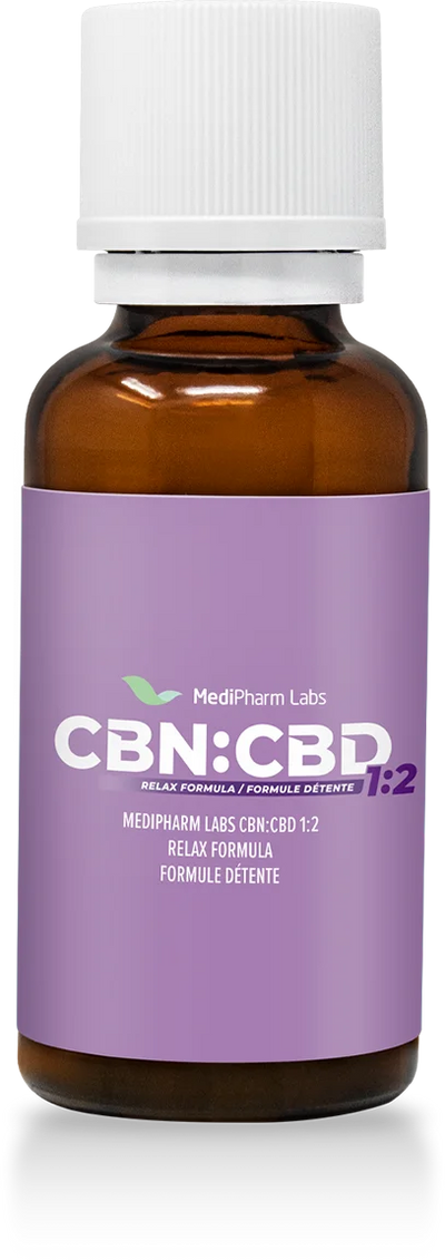 Amber glass tincture bottle with a white cap and purple label reading MediPharm Labs CBN:CBD 1:2 Relax Formula.