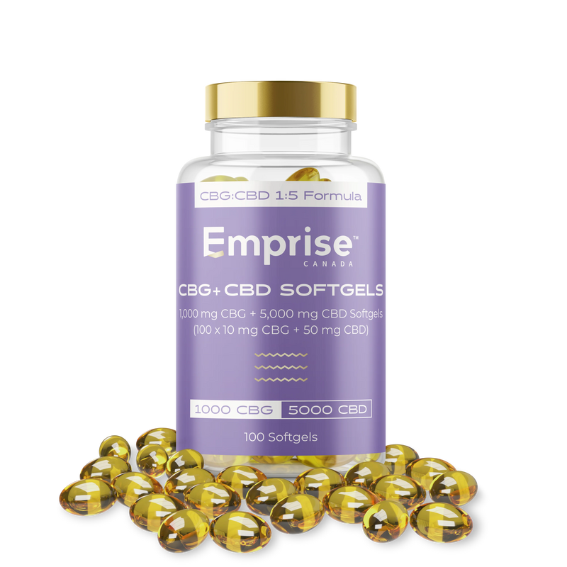 Clear bottle of Emprise Canada CBG+CBD softgels with a gold cap and purple label reading 1000mg CBG + 5000mg CBD, 100 softgels, surrounded by loose amber softgel capsules.