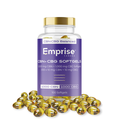 Clear bottle of Emprise Canada CBN + CBG softgels with gold cap and purple label, surrounded by loose amber gel capsules.