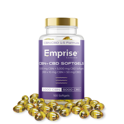 Purple-labeled Emprise Canada bottle of CBN plus CBD softgels with gold cap, surrounded by loose amber softgel capsules