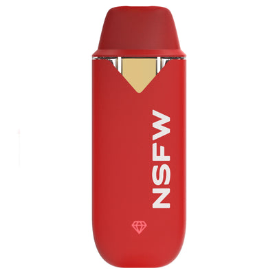 Red disposable vape device with a gold-tone mouthpiece window, vertical NSFW text, and a small diamond icon on the body.