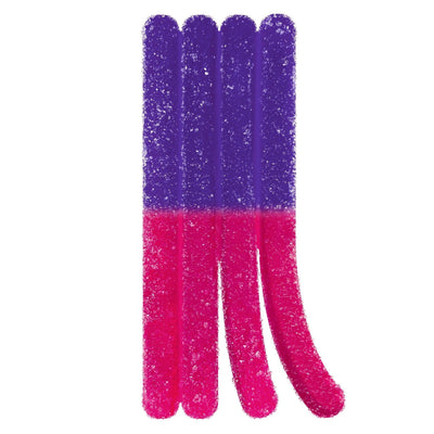 Four sour candy sticks with purple and pink two-tone coating, covered in sanding sugar
