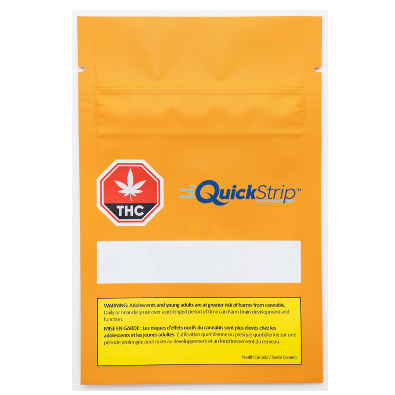 Sealed orange QuickStrip pouch with a red THC leaf warning icon and blank label area, for 4:1 CBG:THC Mint strips.
