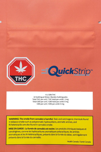 Coral-colored QuickStrip pouch labeled 4:1 CBN:THC Mint, showing the THC symbol and dosage details for 10 sublingual strips.