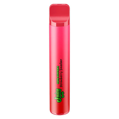 Pink and red disposable vape pen with a rounded mouthpiece, labeled Juicy Hoots Supa Sippers Strawberry Smasher.