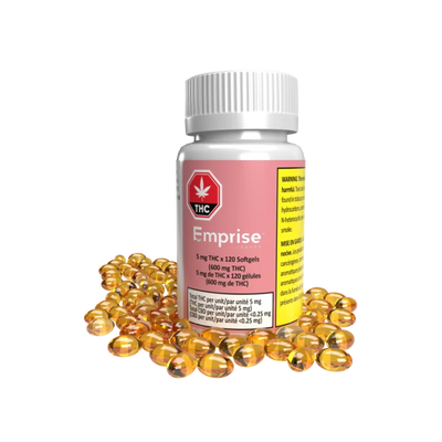 Pink-labeled Emprise 5mg THC Softgels bottle surrounded by loose amber softgel capsules.