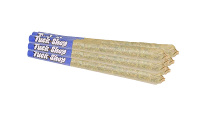 Bundle of five pre-rolled Fight Club joints with blue Tuck Shop branded paper tips fanned out.