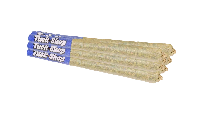 Bundle of five pre-rolled Fight Club joints with blue Tuck Shop branded paper tips fanned out.