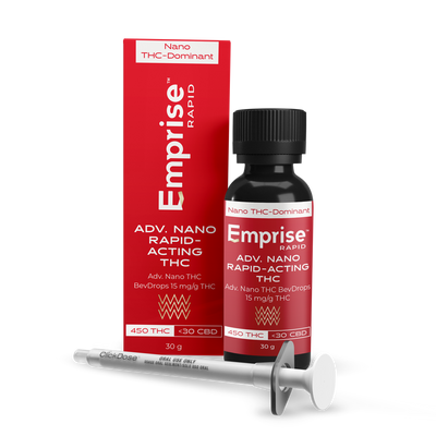 Red Emprise Rapid box and amber dropper bottle for Adv. Nano THC BevDrops with an oral dosing syringe
