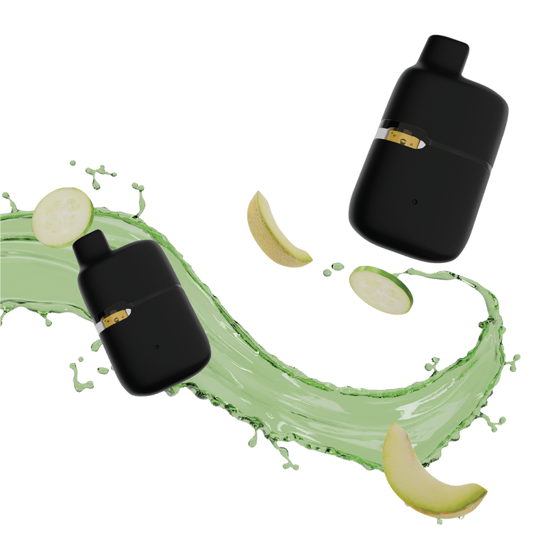 Two black all-in-one vape devices surrounded by a green liquid splash, cucumber slices, and honeydew melon wedges representing the Honey Dewcumber flavour.