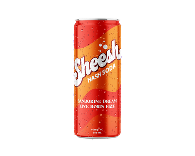 Condensation-covered orange can of Sheesh Hash Soda in the Banjorine Dream Live Rosin Fizz flavour, listing 10 mg THC and 355 mL.