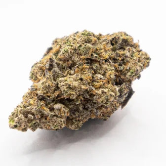 Dense cannabis flower bud with dark purple tones, light trichome coating, and orange hairs