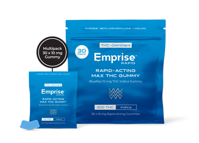 Blue Emprise Rapid packaging for BlueRaz 10 mg THC Indica Gummies, showing the 30-pack pouch, a single-serving packet, and one blue gummy piece.