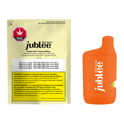 Yellow Jublee Extracts pouch for Bright Mind CBG vape next to the orange all-in-one disposable vape device.
