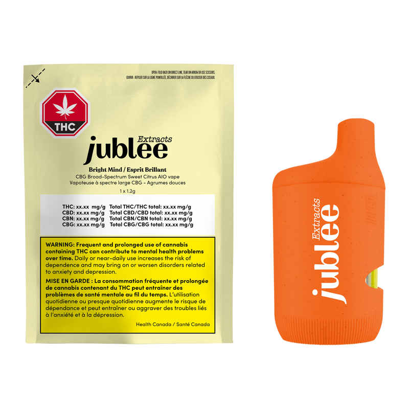 Yellow Jublee Extracts pouch for Bright Mind CBG vape next to the orange all-in-one disposable vape device.
