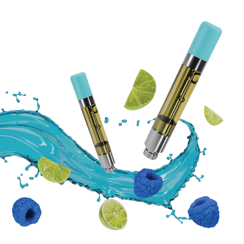 Two vape cartridges with teal caps and gold oil, surrounded by lime wedges, blue raspberries, and a teal liquid splash.