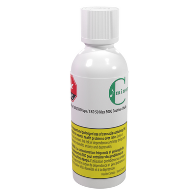 White dropper bottle labeled C Minor CBD 50 Max 3000 Oil Drops with a yellow cannabis health warning label.