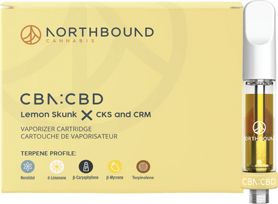 Yellow box labeled Northbound Cannabis CBN:CBD Lemon Skunk x CKS and CRM Vaporizer Cartridge beside a vape cartridge filled with amber oil.
