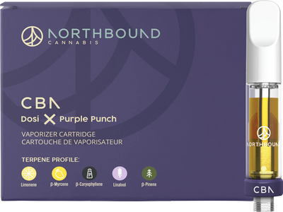 Purple Northbound Cannabis box for the Dosi x Purple Punch CBN vaporizer cartridge, beside the cartridge filled with amber oil.