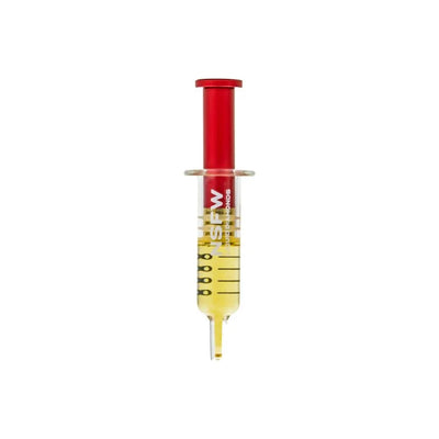 Syringe-style applicator for Cheeky Cherry NSFW Liquid Diamond Dispenser, clear barrel filled with yellow cannabis concentrate and a red plunger cap.
