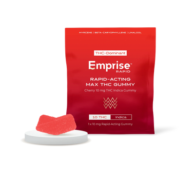 Red Emprise Rapid pouch labeled Rapid-Acting Max THC Gummy, Cherry 10mg THC Indica, with a red sugar-coated gummy piece displayed on a small pedestal in front.