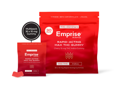 Red Emprise Rapid Max THC Gummy packaging in a 30-pack pouch and single sachet, with one cherry-shaped red gummy shown in front.
