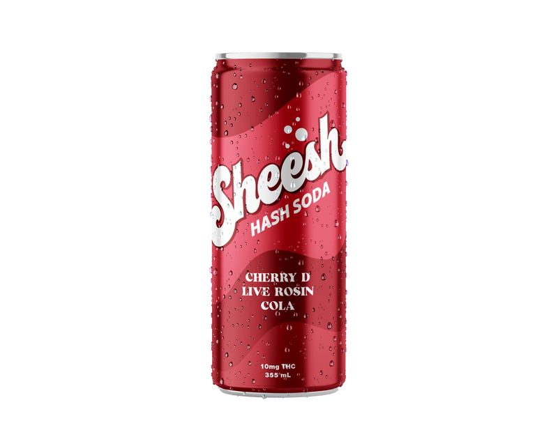 Red aluminum can of Sheesh Hash Soda Cherry D Live Rosin Cola with condensation droplets on its surface.