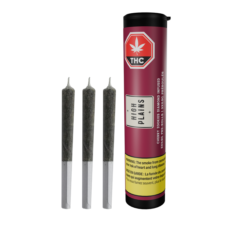 Three pre-rolled joints with white filter tips beside a maroon High Plains tube labeled Cherry Zookies Diamond Infused pre-rolls.