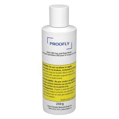White Proofly bottle labeled Daily CBD Face and Body Wash, 250 g, with a yellow cannabis topical warning label.