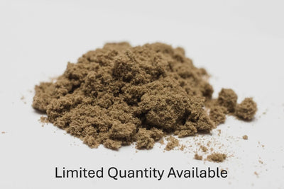 A loose pile of light brown kief powder on a white surface, with a 'Limited Quantity Available' text overlay.