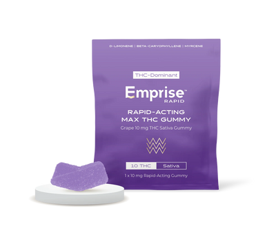 Purple Emprise Rapid gummy square on a small round platform in front of its purple Grape 10 mg THC Sativa Gummy packaging pouch.