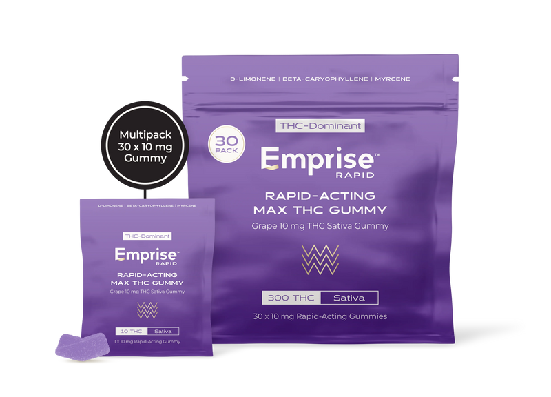 Purple Emprise Rapid packaging for Grape 10mg THC Sativa gummies, shown as a 30-pack pouch and a single-serve packet with one purple gummy.