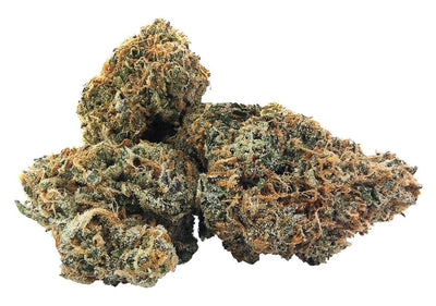 A cluster of dense cannabis buds with light green coloring and orange pistils, on a white background.