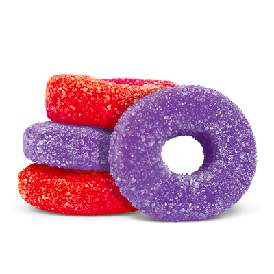 Sugar-coated gummy rings for OlliOs Sour Grape & Strawberry in red and purple, stacked together.