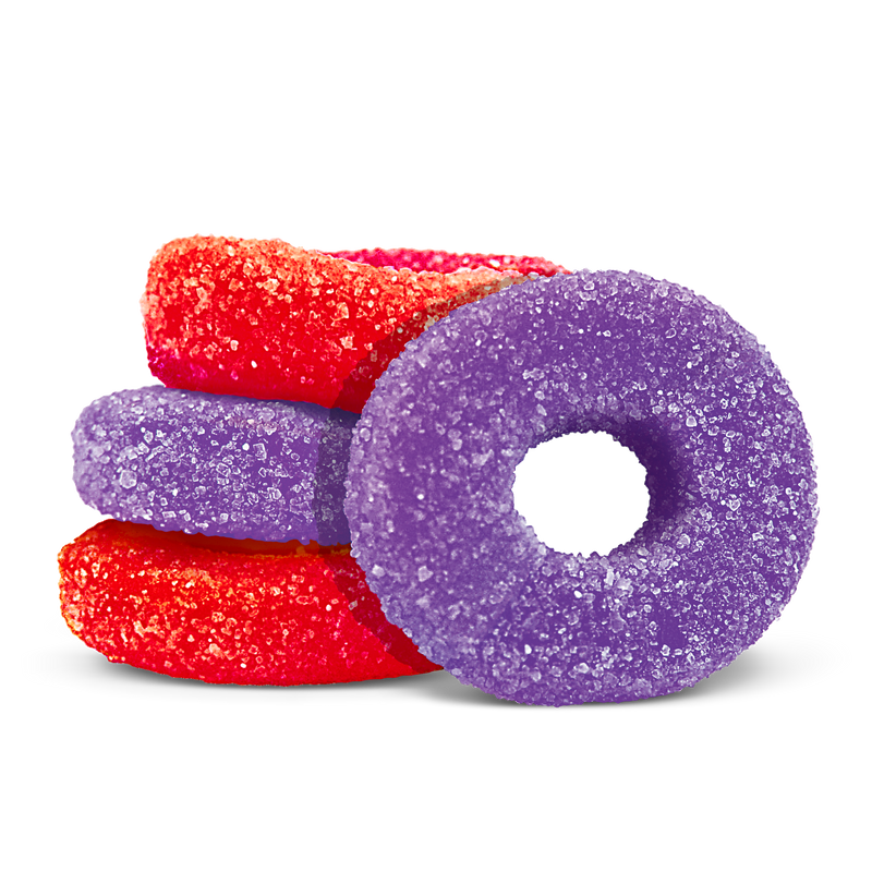 Sugar-coated gummy rings for OlliOs Sour Grape & Strawberry in red and purple, stacked together.