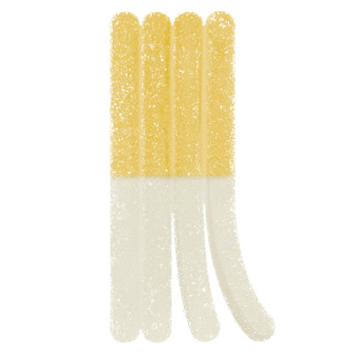 Four sugar-coated candy sticks for Live Rosin White Grape Widow, yellow on the upper half and white on the lower half.
