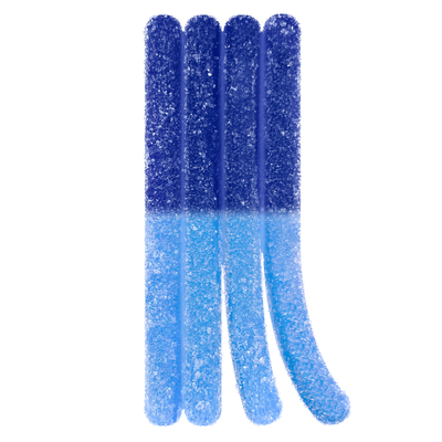 Close-up of four sour candy sticks for Live Rosin Sour Blueberry Blue Dream, dark blue fading to light blue and coated in sugar crystals.