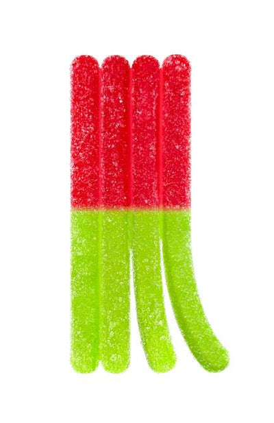Four watermelon-shaped sour gummy candy sticks, green on top and red on the bottom, shown without packaging.