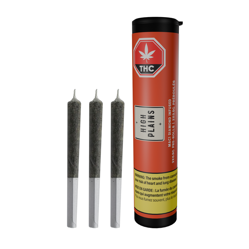 Three pre-rolled joints beside a red High Plains tube labeled MAC1 Diamond Infused 3x0.5g Pre-Rolls with a THC warning symbol.
