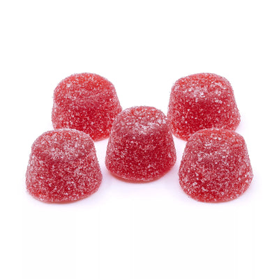 Five red sugar-coated soft chew gummies arranged in a small pile.