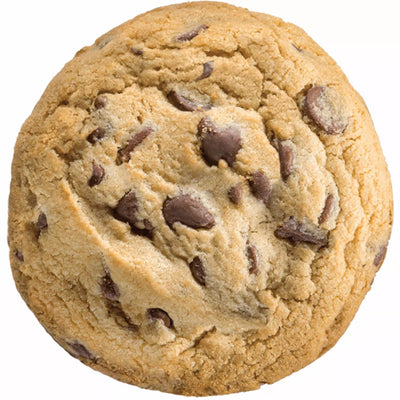 Round chocolate chip cookie shown from above.