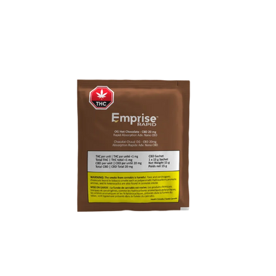 Brown sachet packet for Emprise Rapid OG Hot Chocolate CBD 20 mg, showing THC/CBD content and a cannabis smoke warning label.