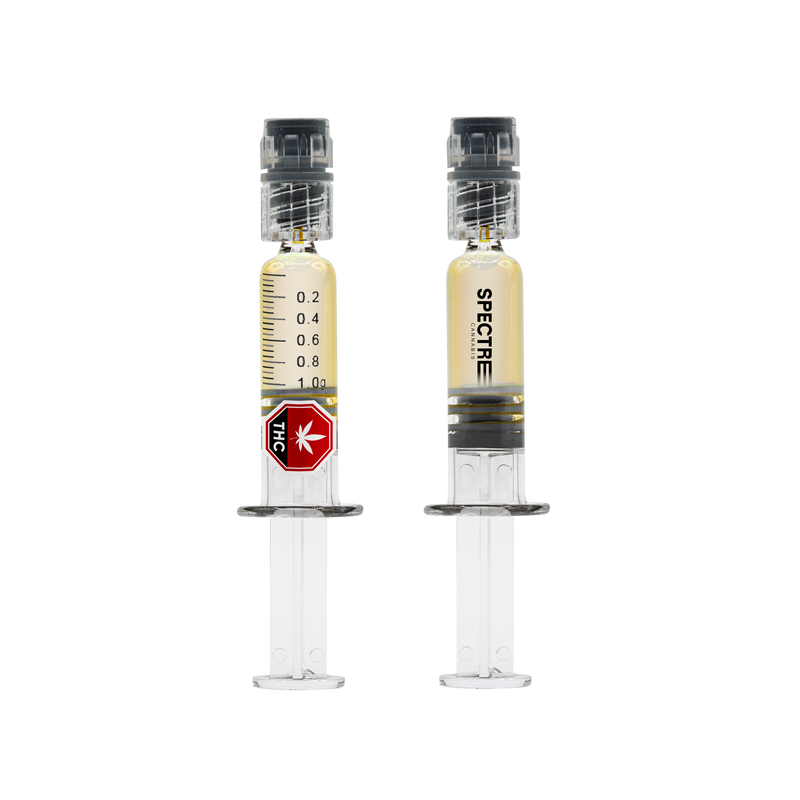 Two glass dab applicator syringes of amber Operation Orange Liquid Diamond Dabber concentrate, one marked with a 1.0 g dosage scale and THC symbol, branded Spectre Cannabis.