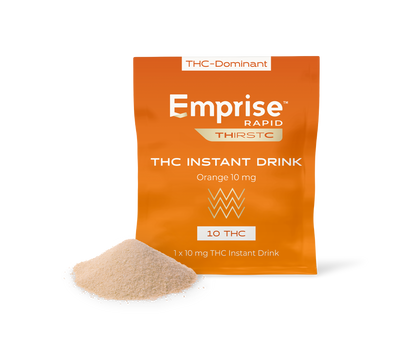 Orange Emprise Rapid Thirstc packet for Orange 10 mg THC Instant Drink, with a mound of tan powder poured in front.