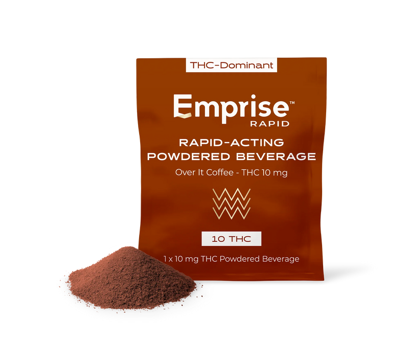 Copper packet of Emprise Rapid Over It Coffee THC powdered beverage beside a pile of the brown powder.