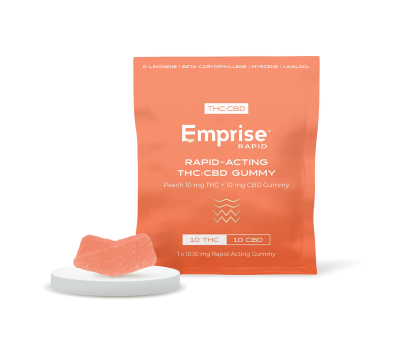 Orange Emprise Rapid packet for a Peach 10 mg THC + 10 mg CBD rapid-acting gummy, with the peach-colored gummy piece displayed in front.