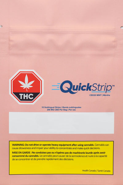 Pink QuickStrip CBD20 Mint pouch with a THC warning icon, listing 10 sublingual strips at 200mg CBD per bag and a Health Canada cannabis warning.