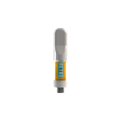Vape cartridge with a gray mouthpiece and amber oil, labeled Retro on the cartridge body.
