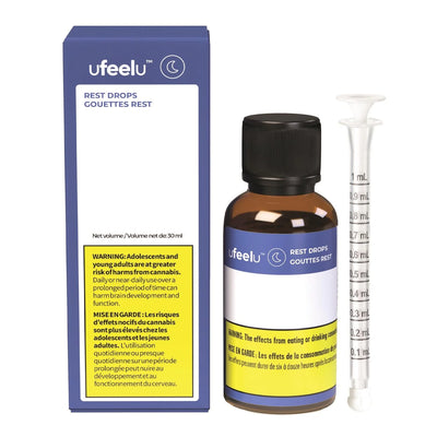 UfeelU Rest Drops box, amber tincture bottle with dropper cap, and an oral dosing syringe marked in milliliters
