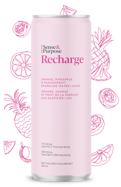 Pink beverage can of Sense & Purpose Recharge, orange, pineapple and passionfruit sparkling water and juice, with line-art fruit illustrations behind it.